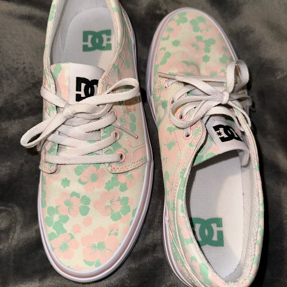 DC White sneakers with pink and green floral design
